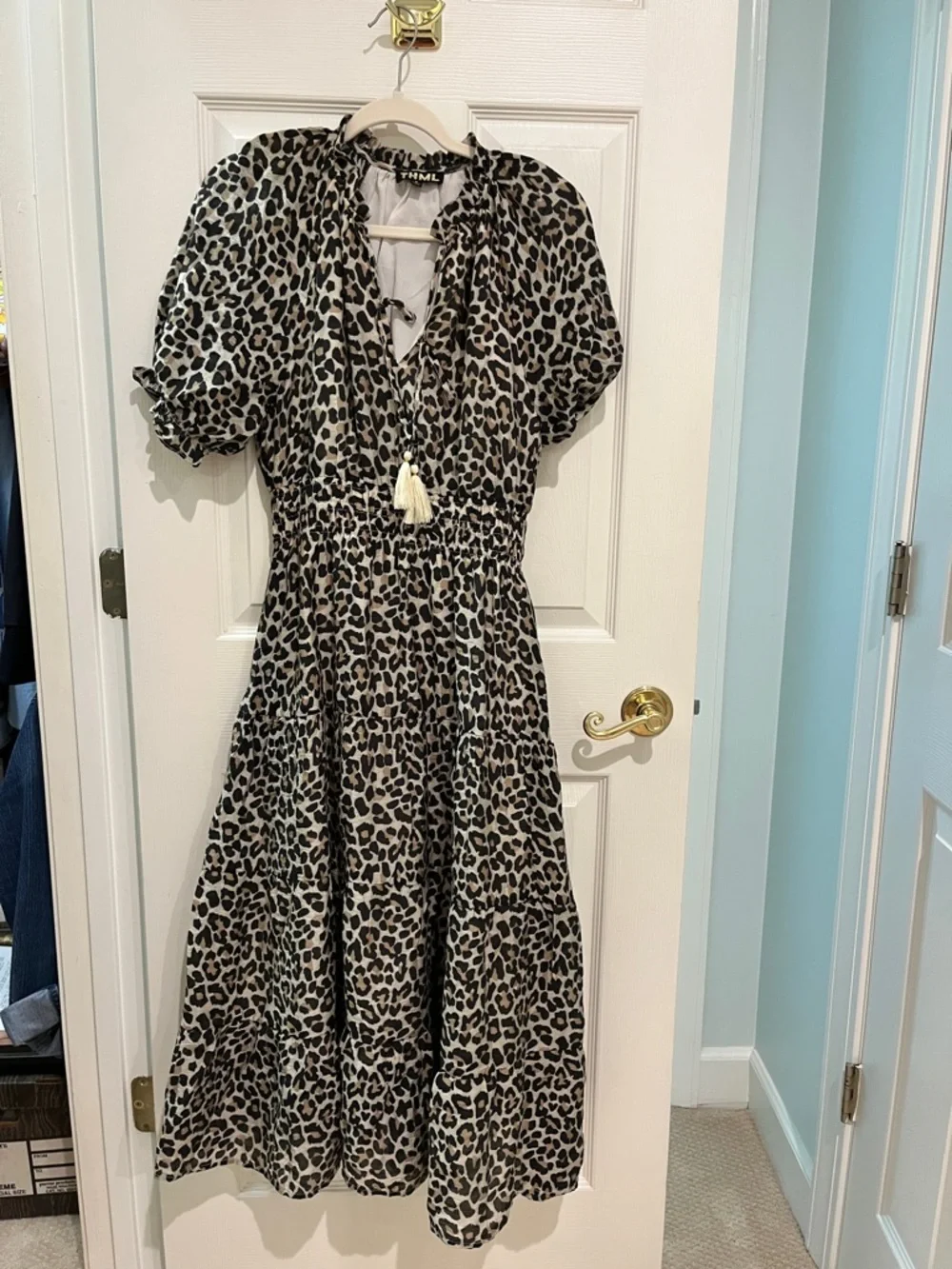 THML Black & Ivory Leopard Print Midi Dress with Tassel Tie - Picture 1 of 2